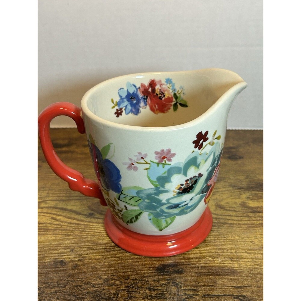The Pioneer Woman Melody Floral 4 Cup Stoneware Measuring Pitcher Red Handle 1QT - Picture 4 of 11